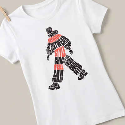 Bold typographic design featuring streetwear phrases in black and red — printed on a women's shirt