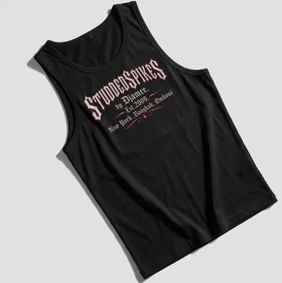 Old English text logo of Studded Spikes by Djamee in red, black, and white. — printed on a tank top