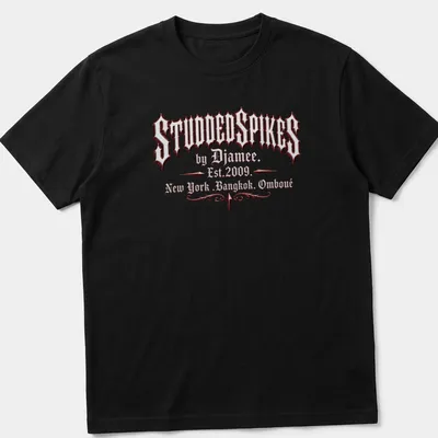 Old English text logo of Studded Spikes by Djamee in red, black, and white.