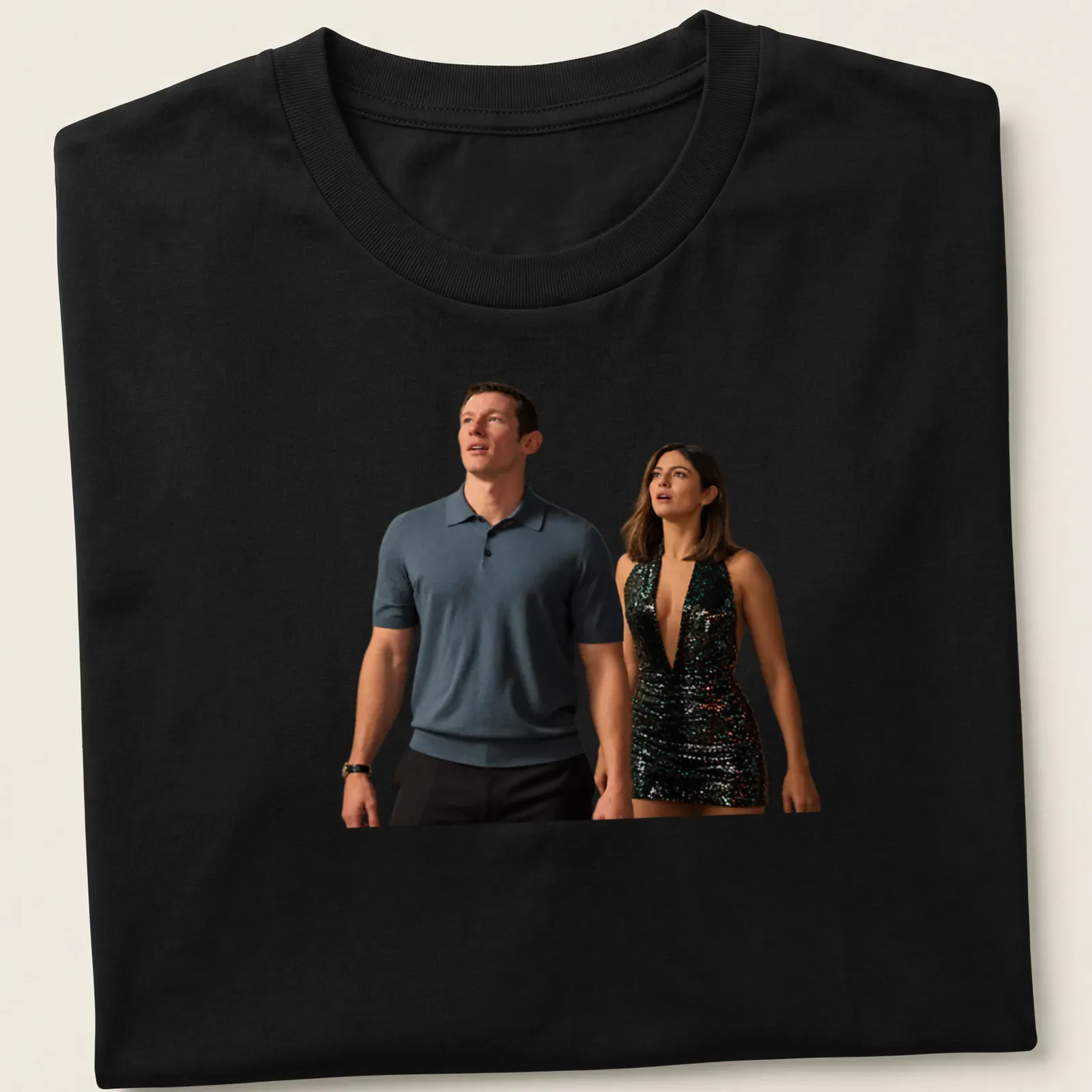 Modern t-shirt featuring a stylish couple with the text 'One Night Only' — printed on a unisex t-shirt