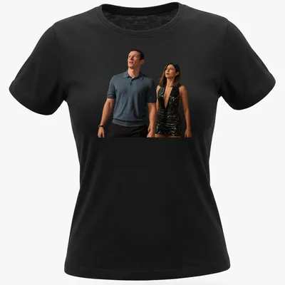 Modern t-shirt featuring a stylish couple with the text 'One Night Only' — printed on a women's shirt
