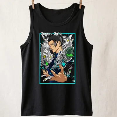 Anime-style Suguru Geto surrounded by colorful mythical creatures — printed on a tank top