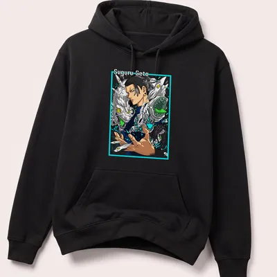 Anime-style Suguru Geto surrounded by colorful mythical creatures — printed on a unisex hoodie