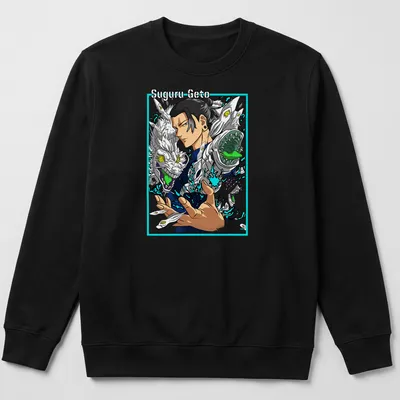 Anime-style Suguru Geto surrounded by colorful mythical creatures — printed on a unisex sweatshirt