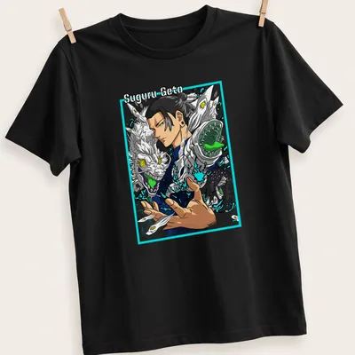Anime-style Suguru Geto surrounded by colorful mythical creatures