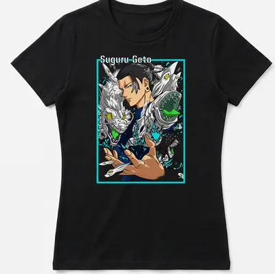 Anime-style Suguru Geto surrounded by colorful mythical creatures — printed on a women's shirt
