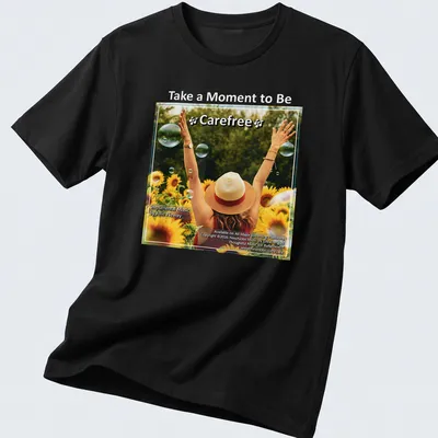 Woman with arms raised in sunflower field, colorful illustration with uplifting text