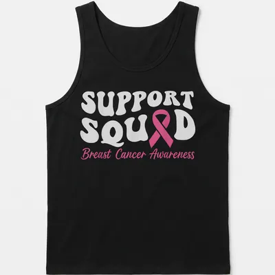 Cute pink ribbon graphic with Support Squad Breast Cancer Awareness text. — printed on a tank top