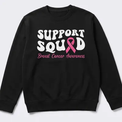 Cute pink ribbon graphic with Support Squad Breast Cancer Awareness text. — printed on a unisex sweatshirt