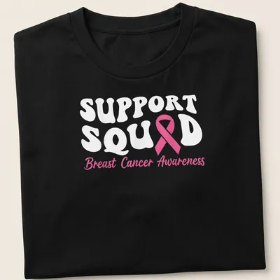 Cute pink ribbon graphic with Support Squad Breast Cancer Awareness text.