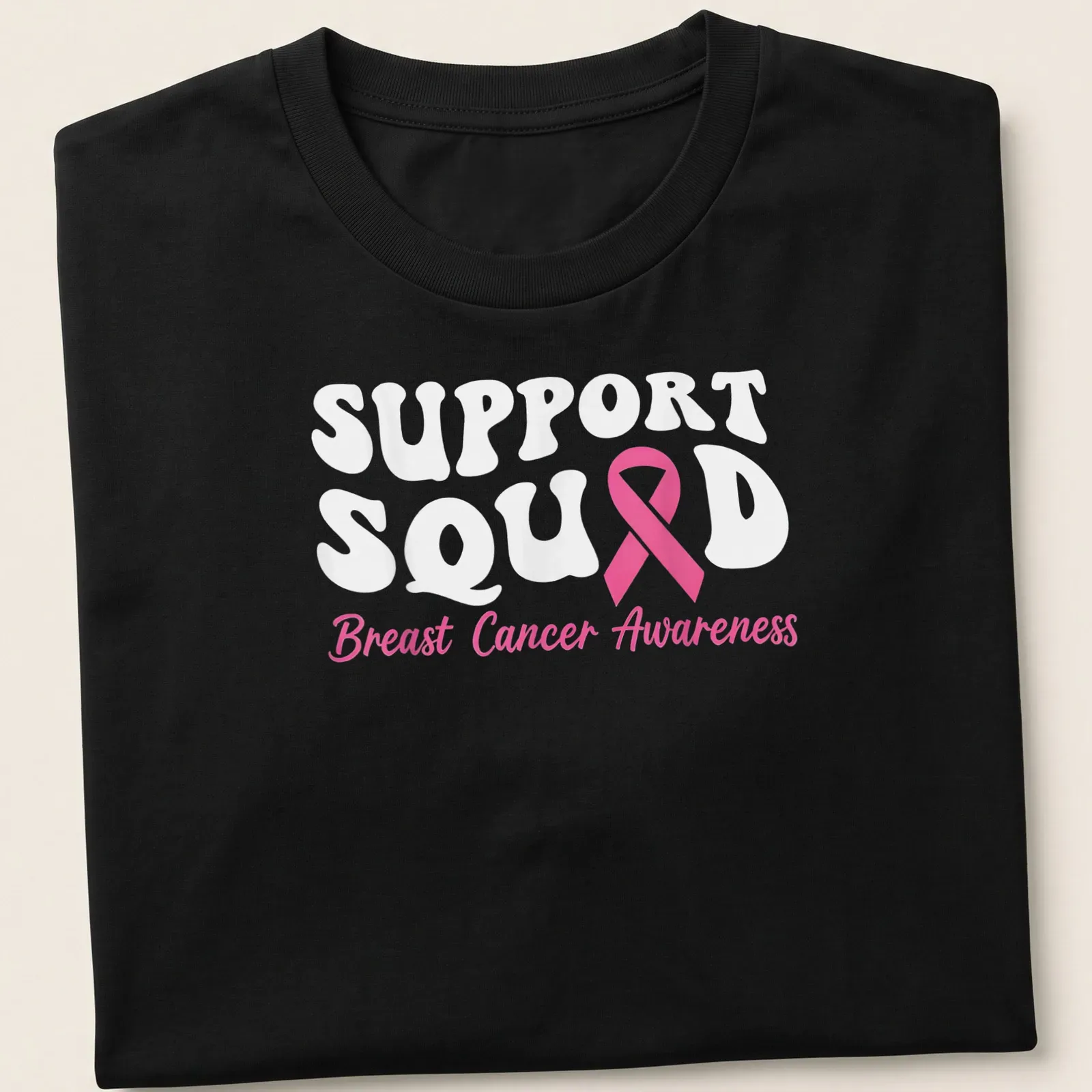 Cute pink ribbon graphic with Support Squad Breast Cancer Awareness text. — printed on a unisex t-shirt
