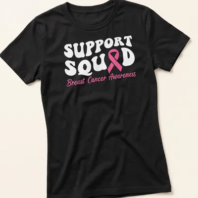 Cute pink ribbon graphic with Support Squad Breast Cancer Awareness text. — printed on a women's shirt