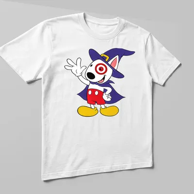Cartoon Target Team Member character in a wizard cape with colorful print — printed on a unisex t-shirt (angled view)