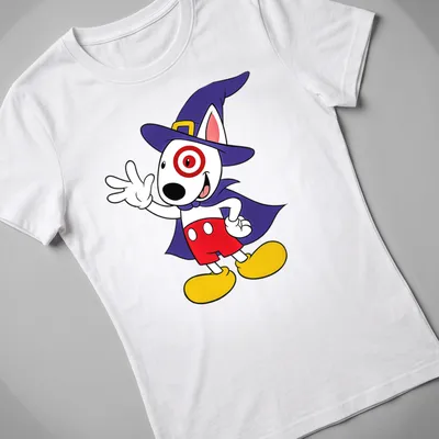 Cartoon Target Team Member character in a wizard cape with colorful print — printed on a women's shirt