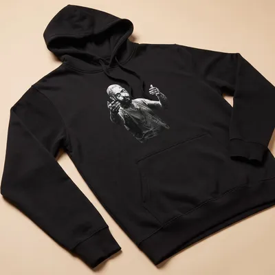 Black and white portrait of a tattooed man on a — printed on a unisex hoodie