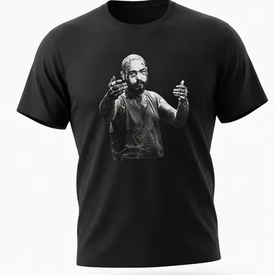 Black and white portrait of a tattooed man on a T-shirt