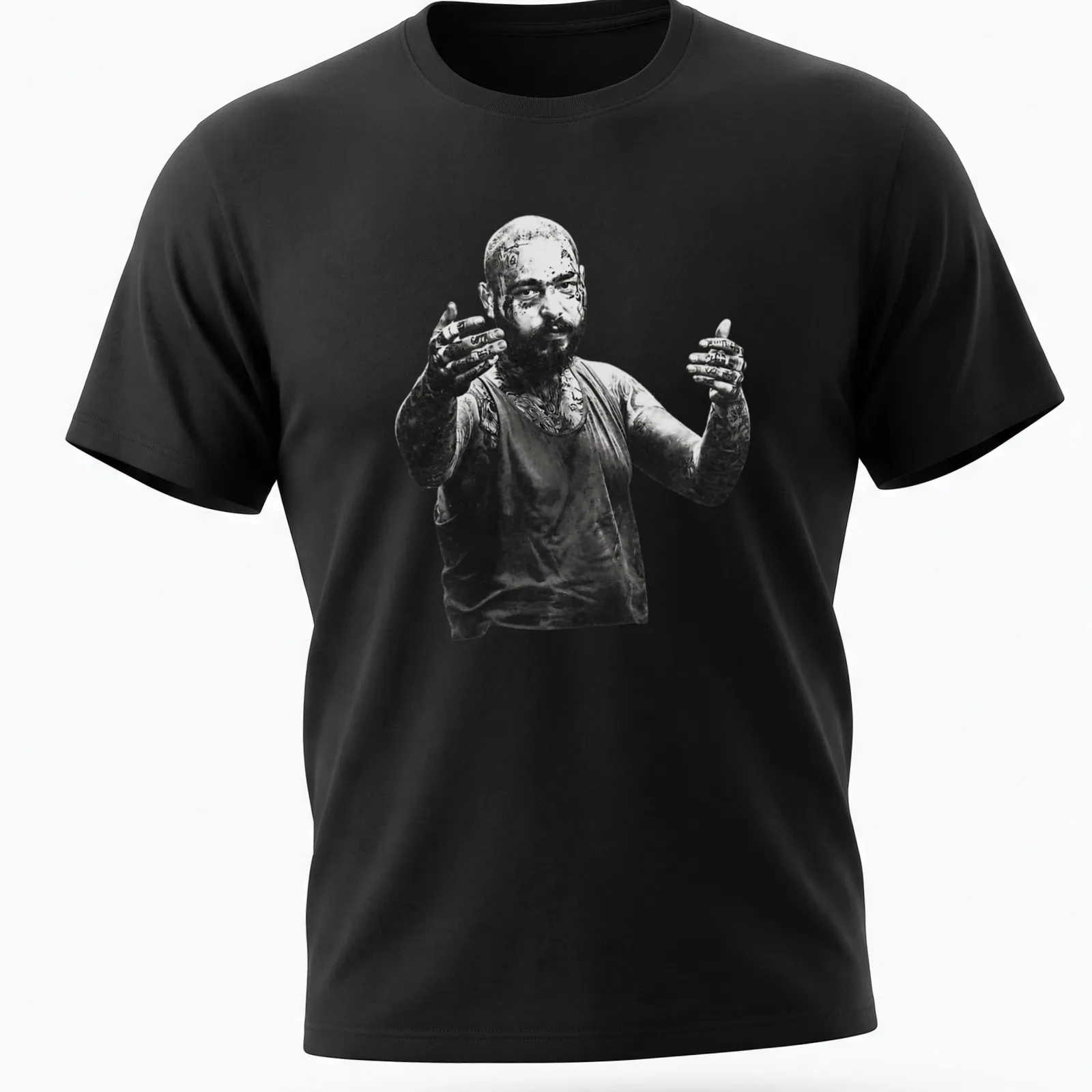 Black and white portrait of a tattooed man on a — printed on a unisex t-shirt