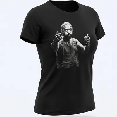 Black and white portrait of a tattooed man on a — printed on a women's shirt