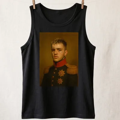 Tattooed soldier portrait with the word love in bold font, detailed in black, red, and gold. — printed on a tank top