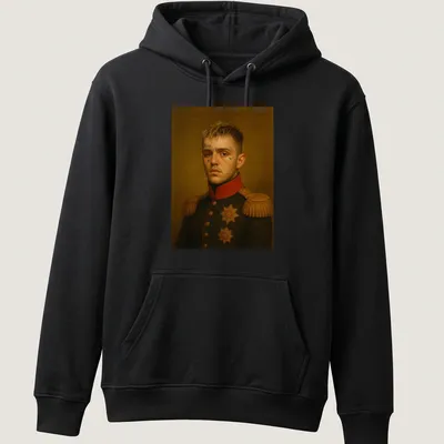 Tattooed soldier portrait with the word love in bold font, detailed in black, red, and gold. — printed on a unisex hoodie
