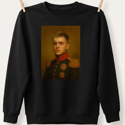 Tattooed soldier portrait with the word love in bold font, detailed in black, red, and gold. — printed on a unisex sweatshirt