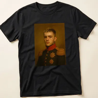 Tattooed soldier portrait with the word love in bold font, detailed in black, red, and gold.