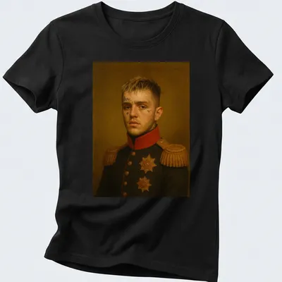 Tattooed soldier portrait with the word love in bold font, detailed in black, red, and gold. — printed on a women's shirt