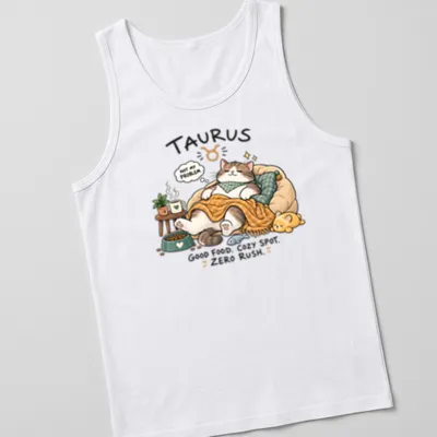 Kawaii illustration of a Taurus cat with food, featuring cozy text about relaxation. — printed on a tank top