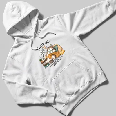 Kawaii illustration of a Taurus cat with food, featuring cozy text about relaxation. — printed on a unisex hoodie