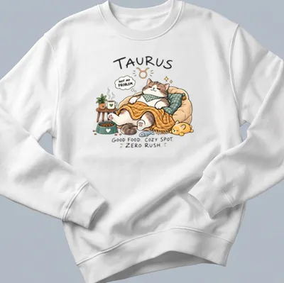 Kawaii illustration of a Taurus cat with food, featuring cozy text about relaxation. — printed on a unisex sweatshirt