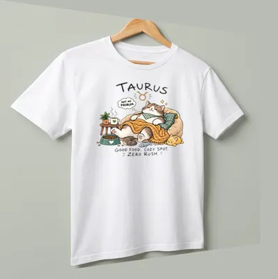 Kawaii illustration of a Taurus cat with food, featuring cozy text about relaxation. — printed on a unisex t-shirt (angled view)