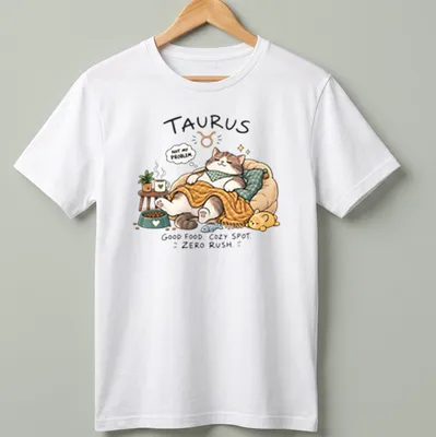 Kawaii illustration of a Taurus cat with food, featuring cozy text about relaxation.