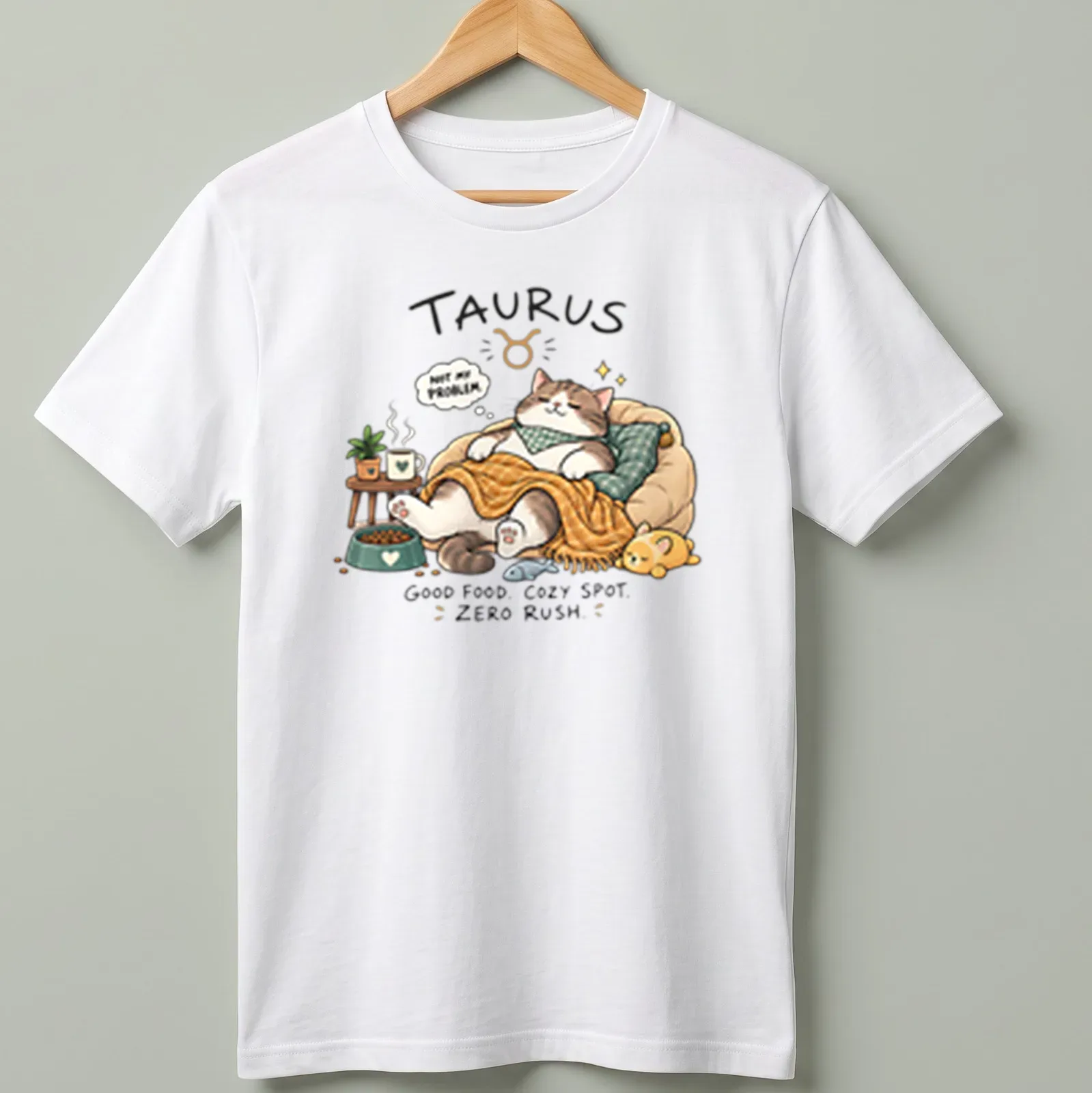 Kawaii illustration of a Taurus cat with food, featuring cozy text about relaxation. — printed on a unisex t-shirt