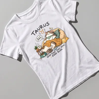 Kawaii illustration of a Taurus cat with food, featuring cozy text about relaxation. — printed on a women's shirt