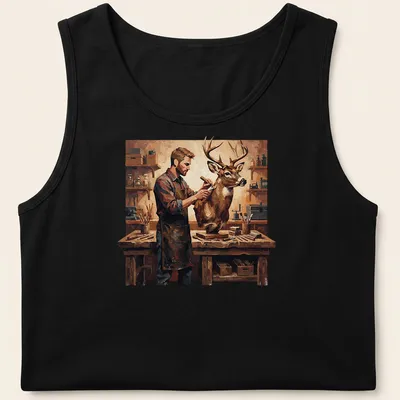 Realistic painting of a taxidermist at work, featuring warm colors — printed on a tank top