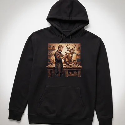 Realistic painting of a taxidermist at work, featuring warm colors — printed on a unisex hoodie