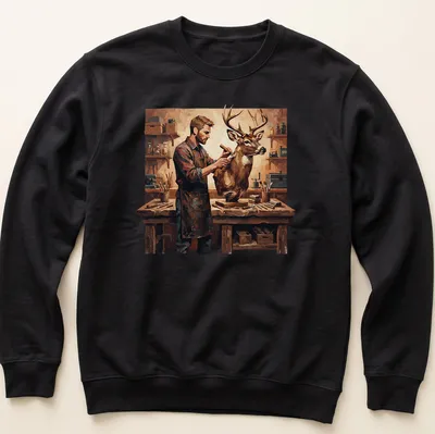 Realistic painting of a taxidermist at work, featuring warm colors — printed on a unisex sweatshirt