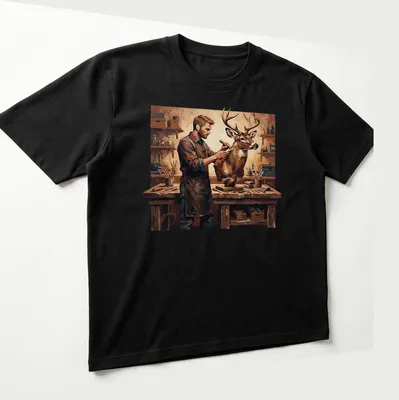 Realistic painting of a taxidermist at work, featuring warm colors — printed on a unisex t-shirt (angled view)