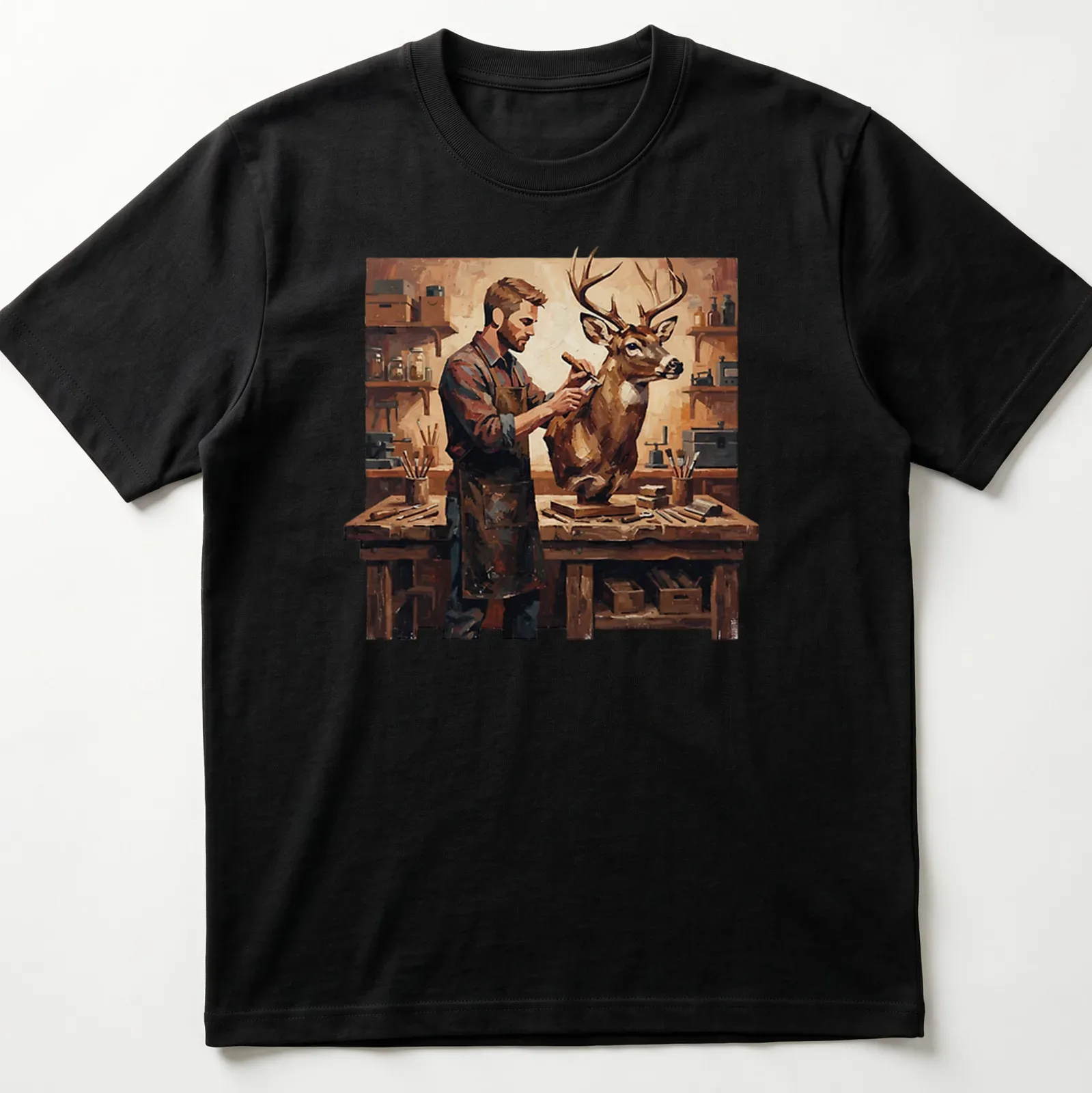 Realistic painting of a taxidermist at work, featuring warm colors — printed on a unisex t-shirt