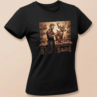 Realistic painting of a taxidermist at work, featuring warm colors — printed on a women's shirt