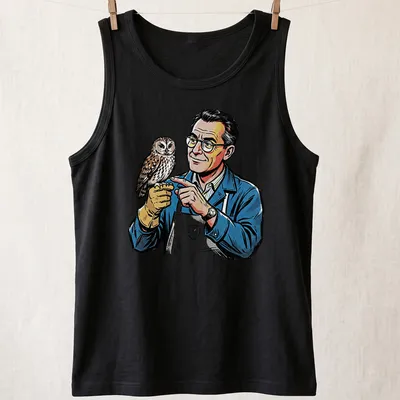 Pop art t-shirt depicting a taxidermist holding an owl in vibrant colors — printed on a tank top