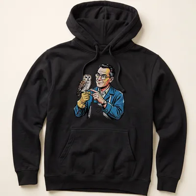 Pop art t-shirt depicting a taxidermist holding an owl in vibrant colors — printed on a unisex hoodie
