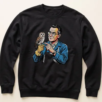 Pop art t-shirt depicting a taxidermist holding an owl in vibrant colors — printed on a unisex sweatshirt