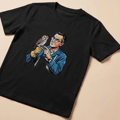 Pop art t-shirt depicting a taxidermist holding an owl in vibrant colors