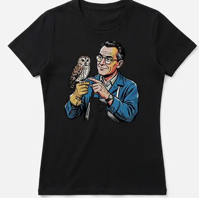 Pop art t-shirt depicting a taxidermist holding an owl in vibrant colors — printed on a women's shirt