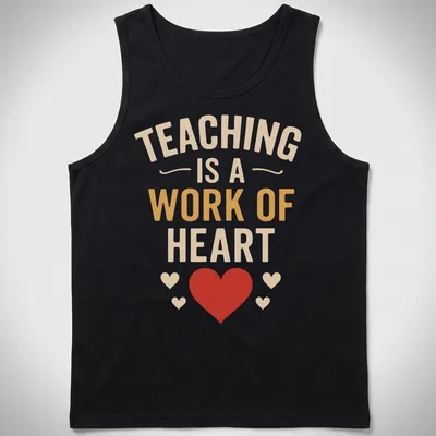 Bold typography shirt with the quote 'Teaching Is A Work Of Heart' in colorful design — printed on a tank top