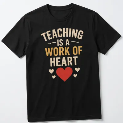 Bold typography shirt with the quote 'Teaching Is A Work Of Heart' in colorful design