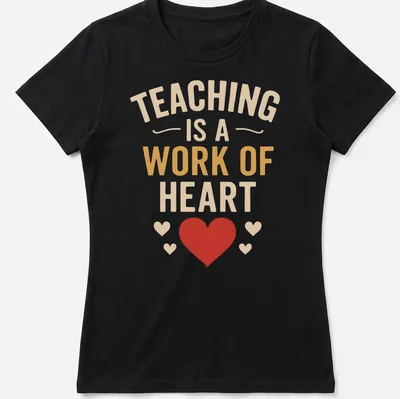 Bold typography shirt with the quote 'Teaching Is A Work Of Heart' in colorful design — printed on a women's shirt