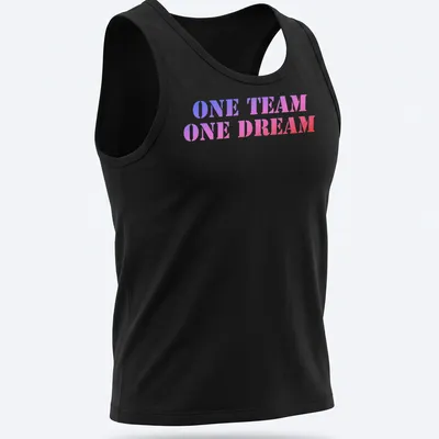Bold gradient Team Spirit t-shirt with ONE TEAM ONE DREAM text — printed on a tank top