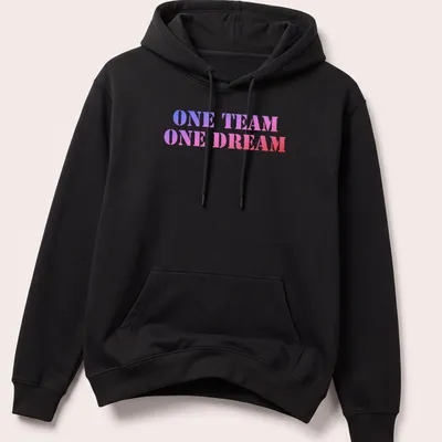 Bold gradient Team Spirit t-shirt with ONE TEAM ONE DREAM text — printed on a unisex hoodie